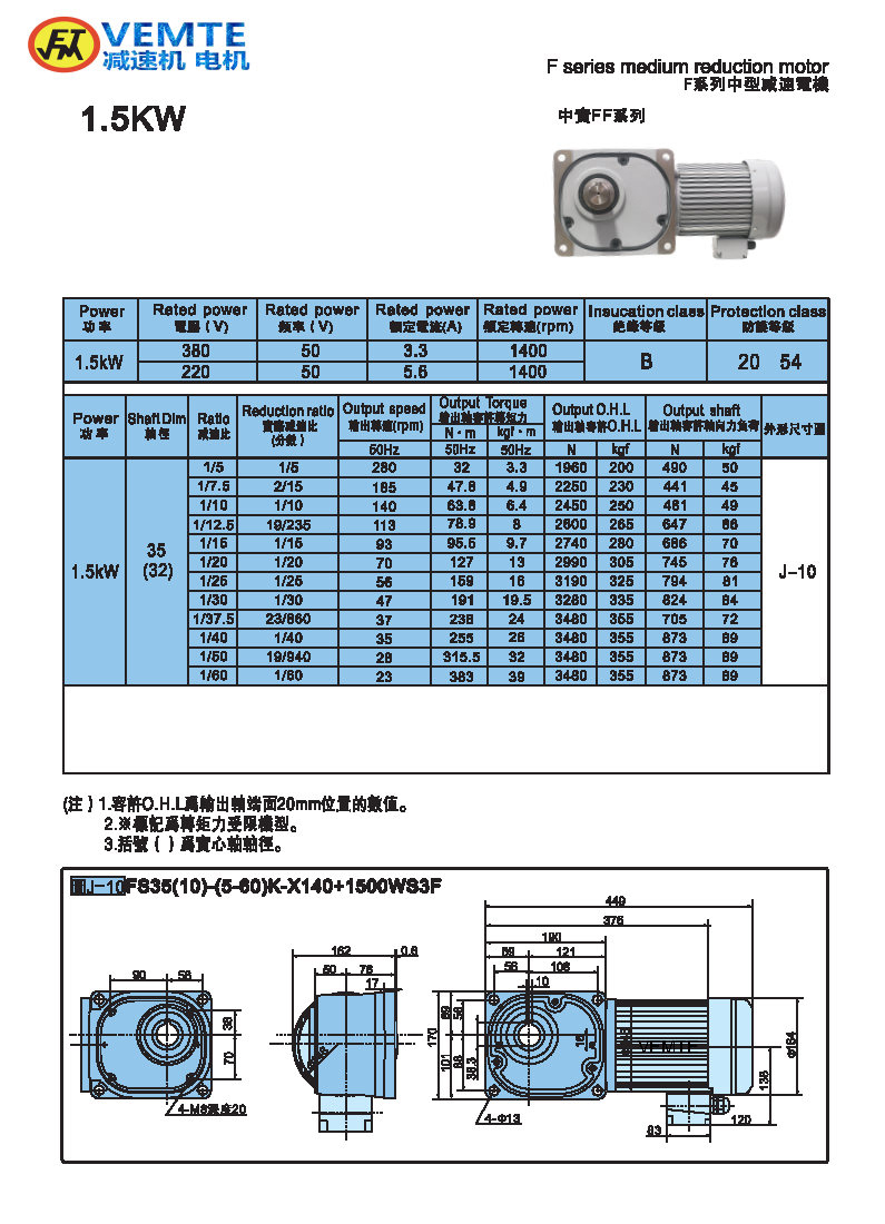 缩框型1.5KW电机-实心轴