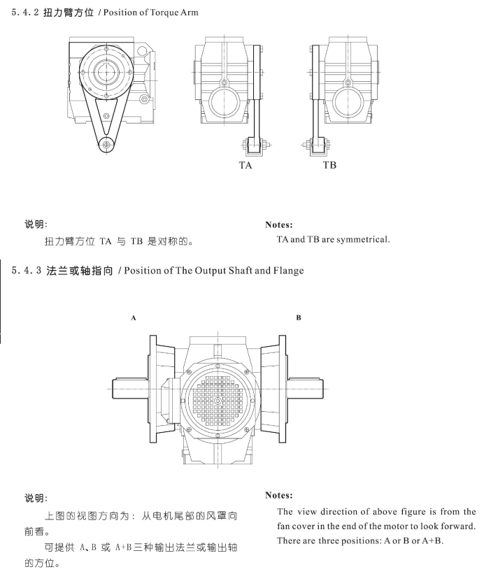 S出轴方向以及扭力臂方向